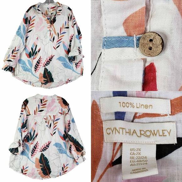 Cynthia Rowley Tunic Shirt Popover Womens 2X White Linen Button LS Tropical - Picture 1 of 9